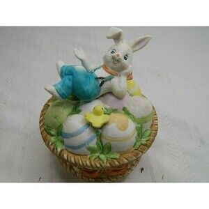 Brinn's Rotating Easter Bunny Musical Box Bunny on Eggs in Basket Wind Up Tested